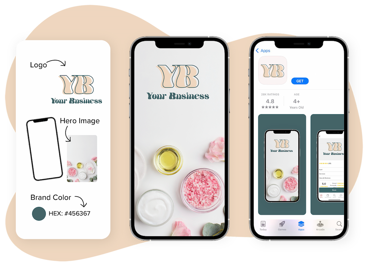 3 phone screens showing the steps of creating a branded app.