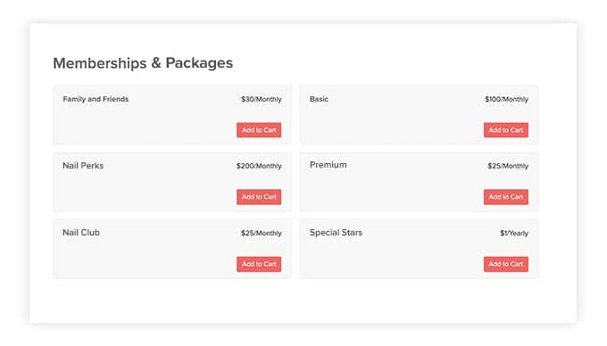 An image of membership options and packages in Vagaro's salon, spa and fitness booking software