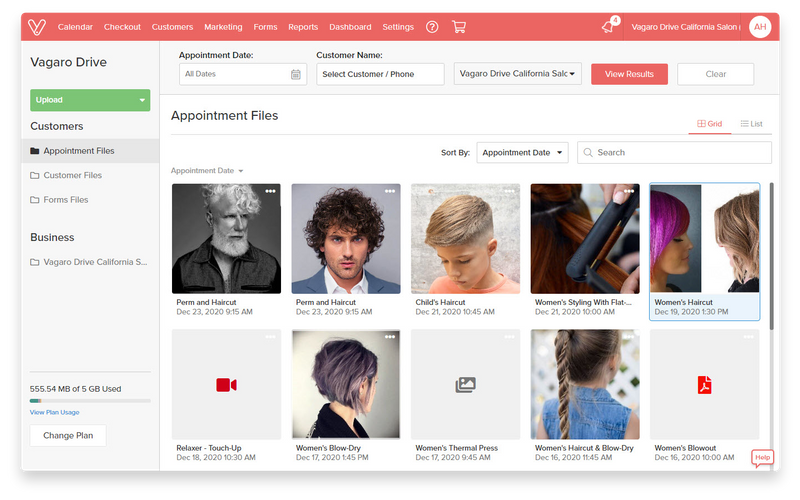  An image of a web page showing Vagaro’s Drive Dashboard and appointment files and customer tracking software.