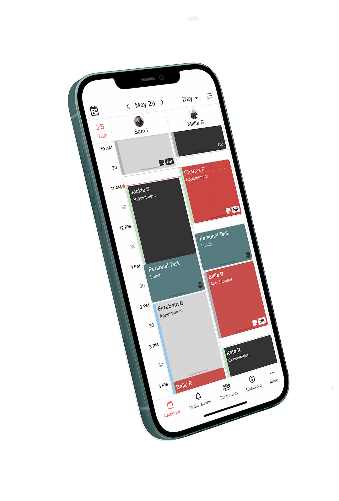 phone with vagaro business calendar filled with appointments