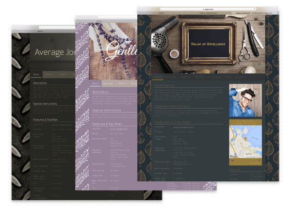 An image of three different free web designs generated by Vagaro's MySite Website builder.