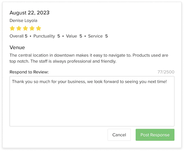 An image of the customer review response feature within Vagaro's salon, spa and fitness software.