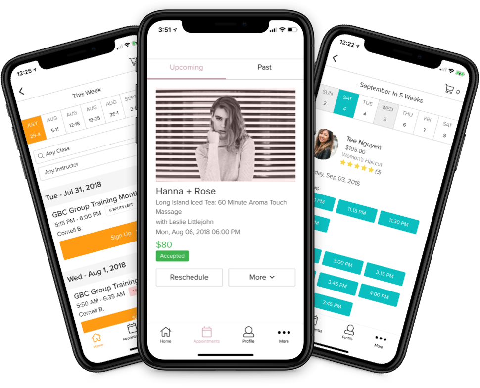 An image of three phone screens showing salon software within the Vagaro branded app.