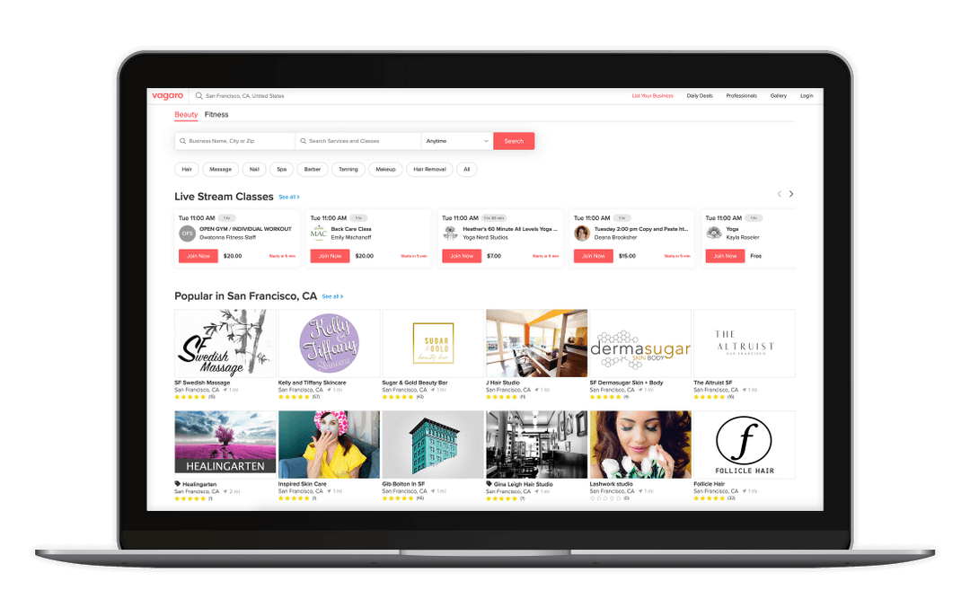 An image of a laptop displaying Vagaro's online booking platform and marketplace.