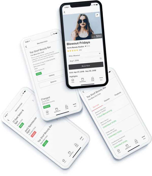 An image of four phone screens showing salon software customer profiles within the Vagaro branded app.