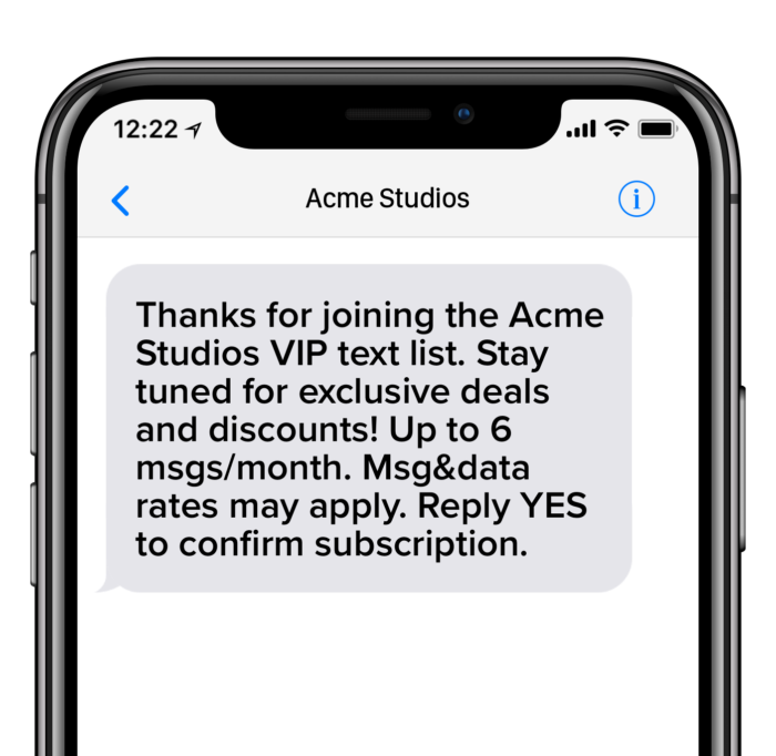 Phone screen opt in text welcome to Acme Studios VIP text program.