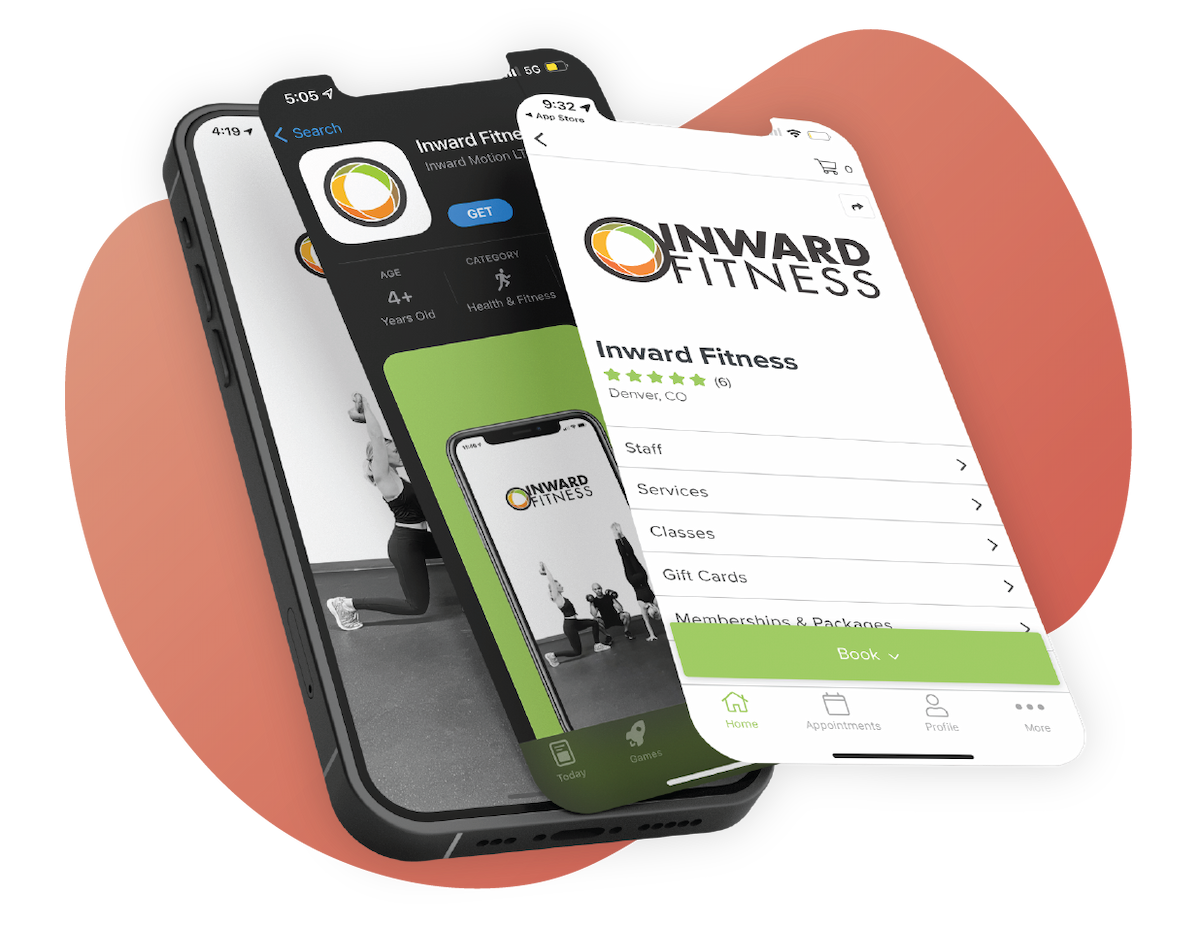 An image of a phone showing branded app designs that can be easily be created within Vagaro's salon, spa and fitness software.