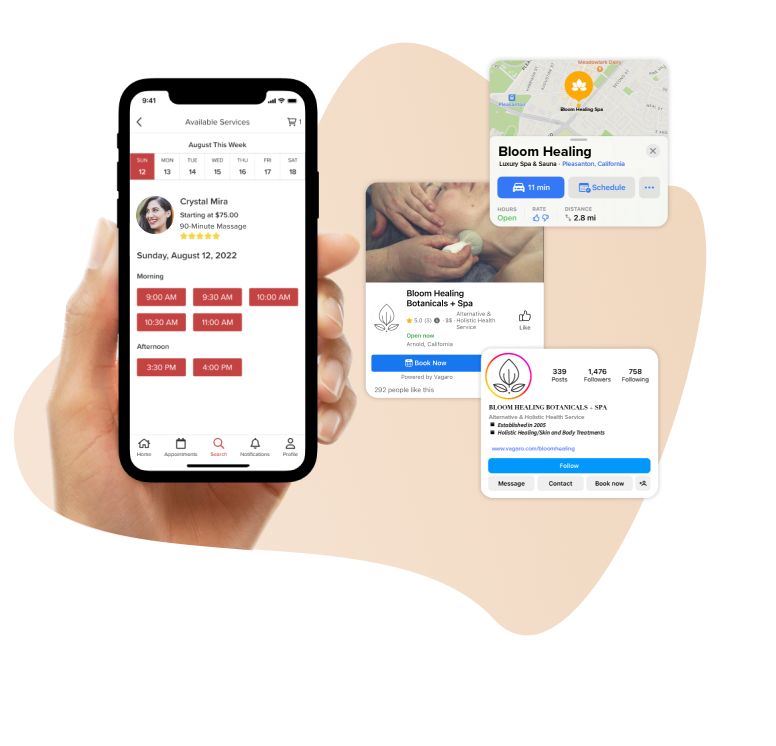 A phone and tablet showing Vagaro’s online booking in our spa software and marketplace