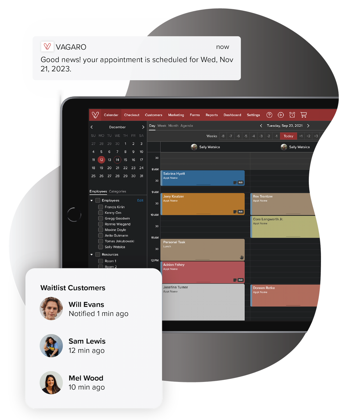 A tablet showing Vagaro’s calendar filled with bookings in our tattoo software  