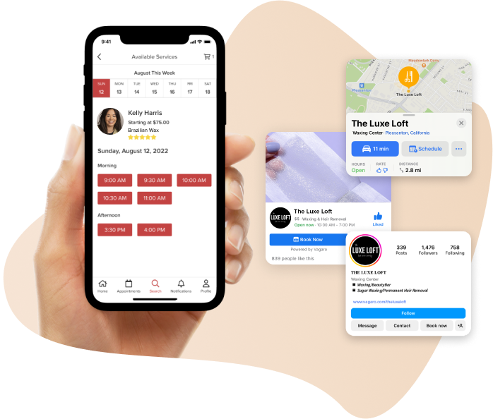 A tablet and phone showing Vagaro’s online booking and customer popups in our hair removal software & marketplace.
