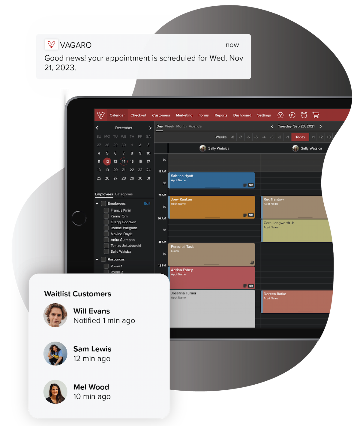 mobile phone and tablet using barber shop scheduling software in dark mode