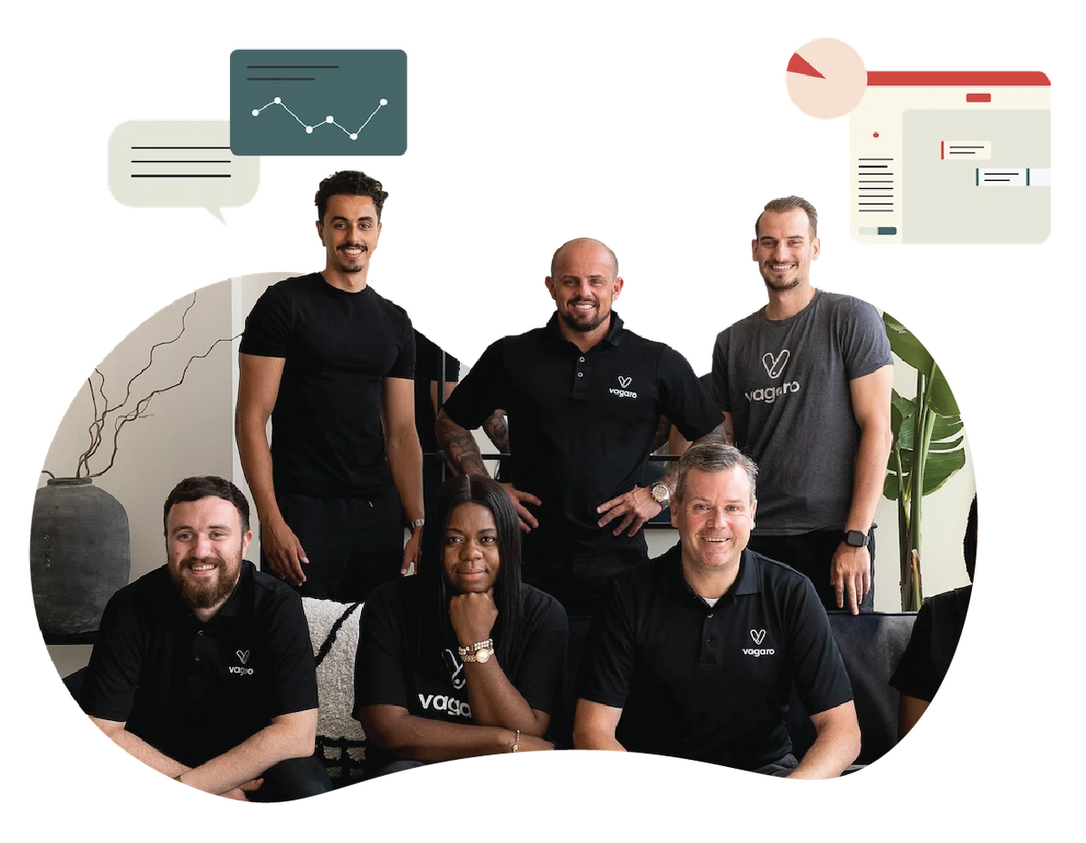 A group photo of the Vagaro team wearing branded Vagaro t-shirts.