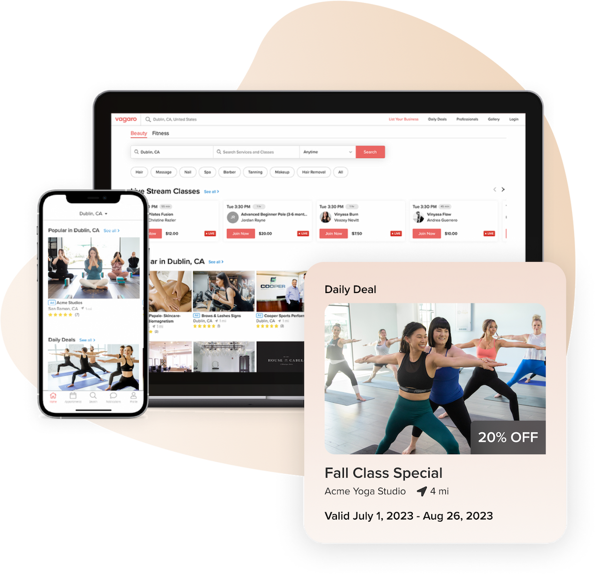 A tablet and phone with yoga software business listings with an image of a yoga daily deals