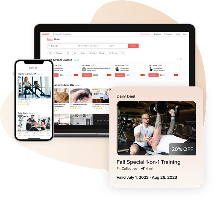 tablet and phone with Vagaro marketplace fitness business listings and a popout image of a personal training daily deals