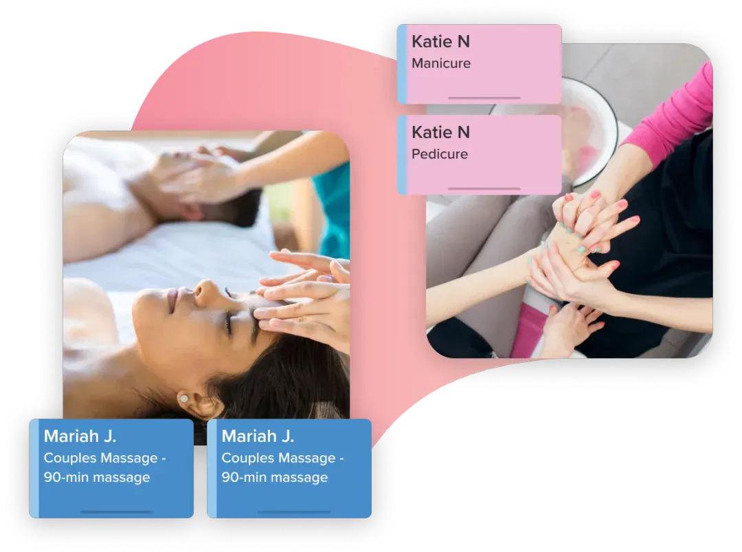 An image of two customers having an eyebrow and hand massage service in a salon with a customer popup from Vagaro’s online booking software.