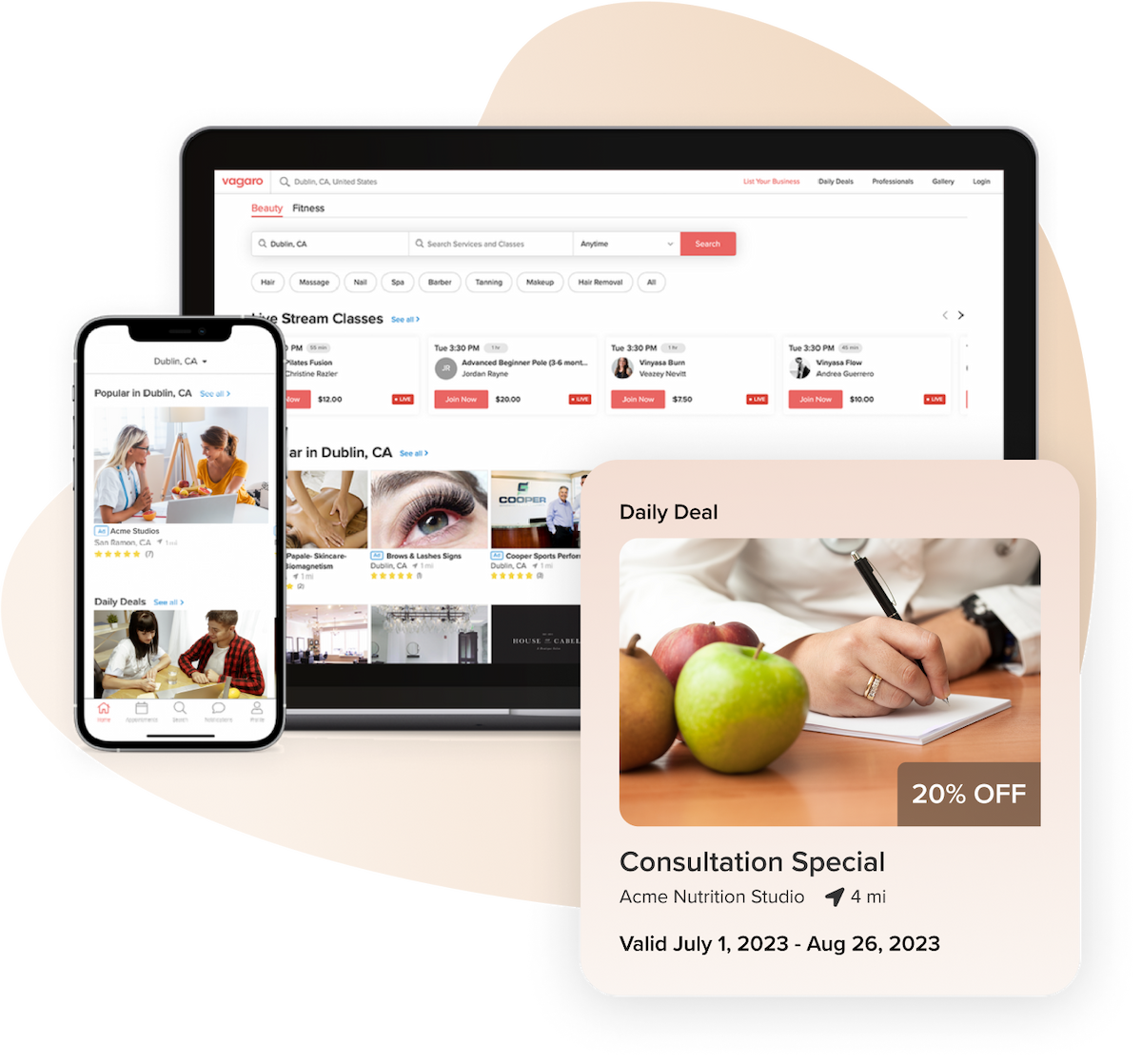 A tablet and phone that shows Vagaro’s online bookings in our nutrition software and marketplace.
