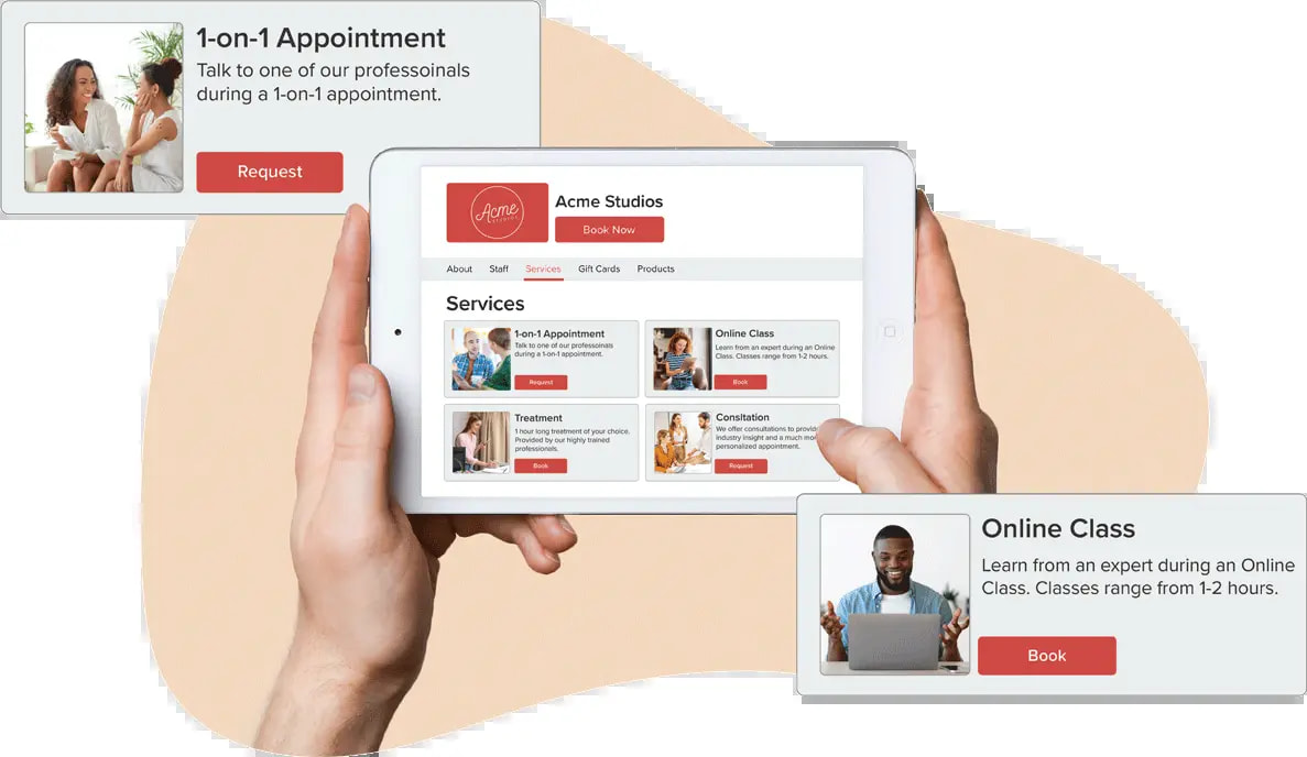 A tablet with customer popups showing options for service & class menus within Vagaros salon, spa and fitness software.