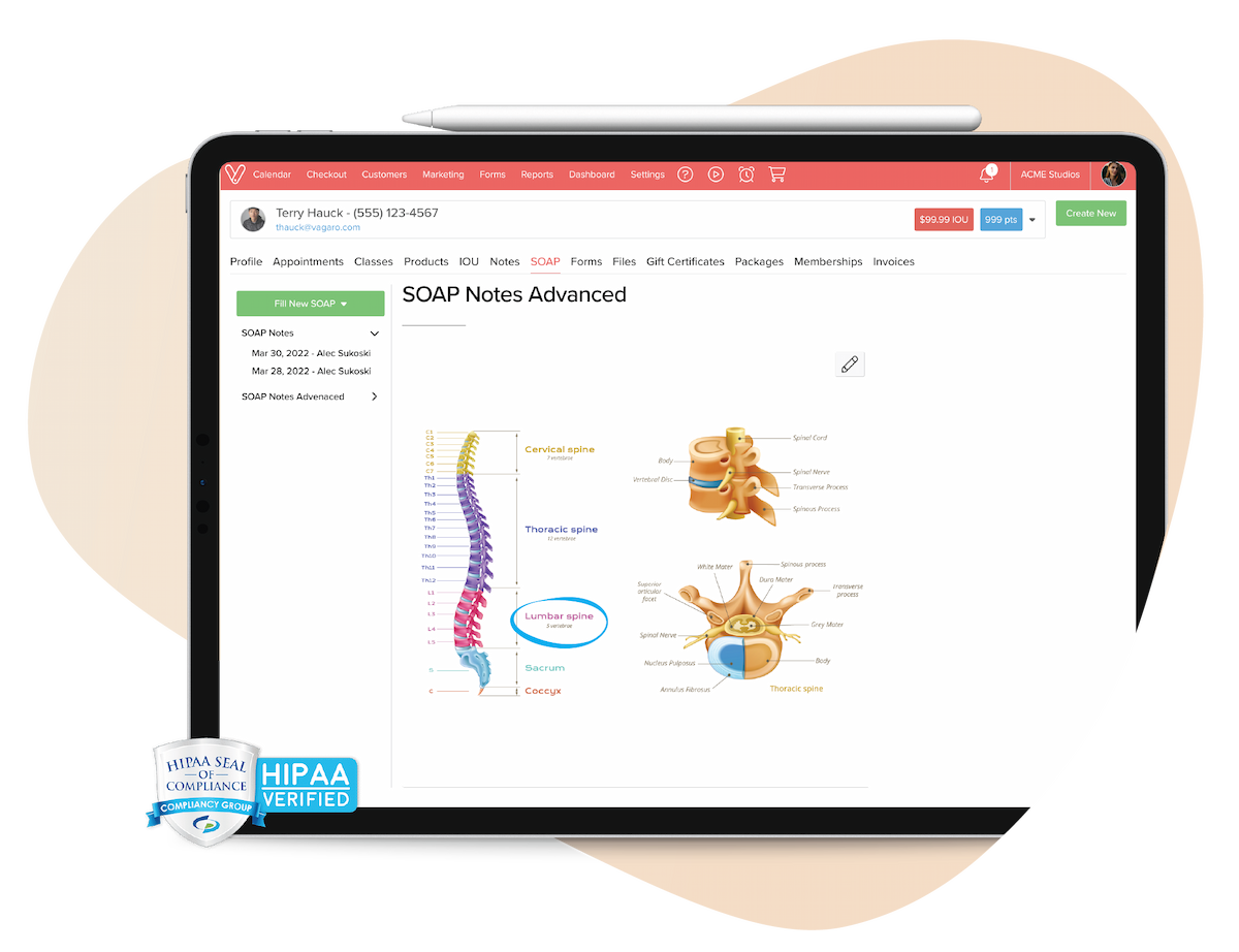 Soap notes with body diagram in Vagaro chiropractic software. HIPAA compliance seal overlayed in the bottom left corner.