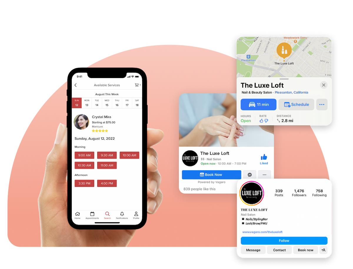 A phone showing the nail booking software on Vagaro marketplace 