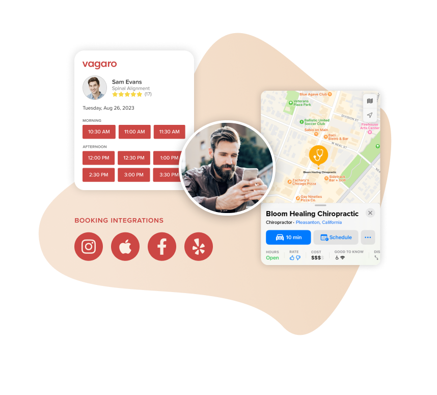 A phone showing Vagaro’s online booking and customer popups in our chiropractor software and marketplace