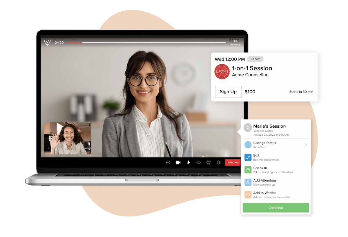 A laptop showing a live one-to-one counselling session with a therapist and client on Vagaro’s mental health software