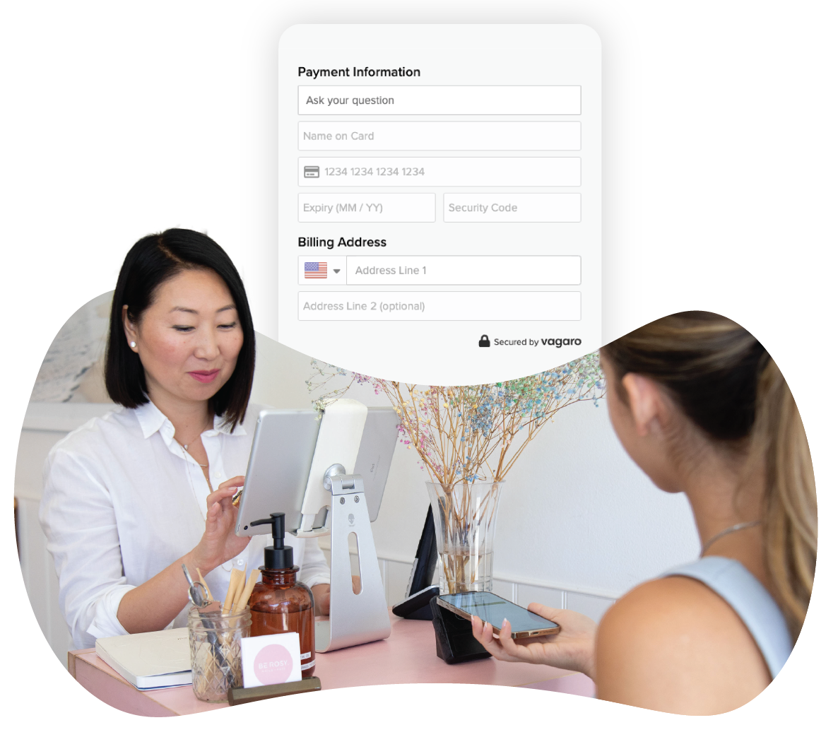 An image of a picture a customer paying for a salon service with a popup of customer payment information that can be stored in Vagaro's salon software.