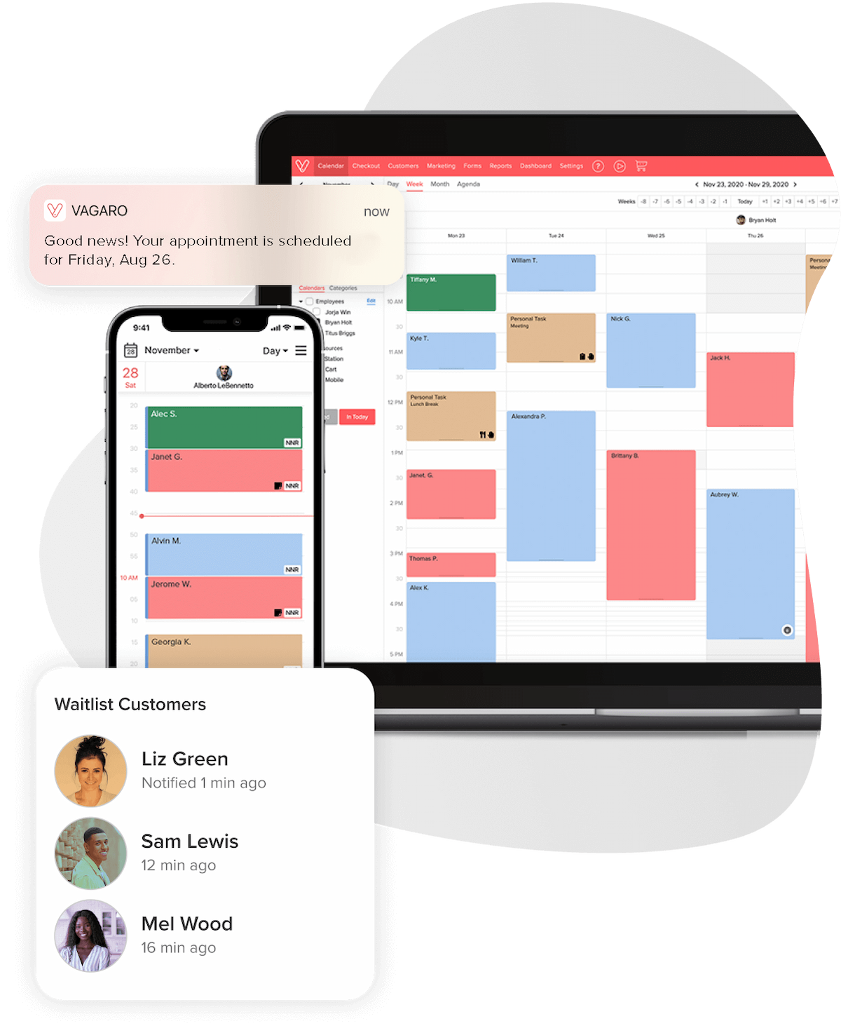 A phone and tablet showing Vagaro’s calendar filled with bookings in our fitness and gym software and app
