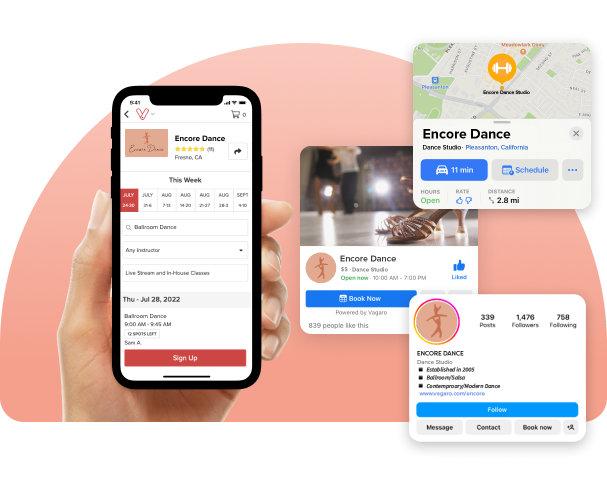 A phone showing Vagaro’s online booking and customer popups in our dance studio software and marketplace