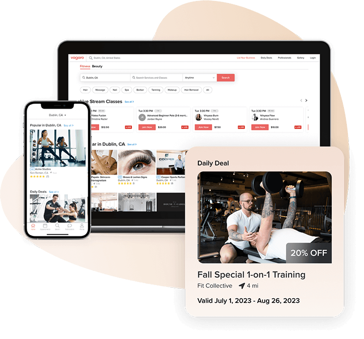 A tablet and phone that shows Vagaro’s online bookings in our fitness software and marketplace.