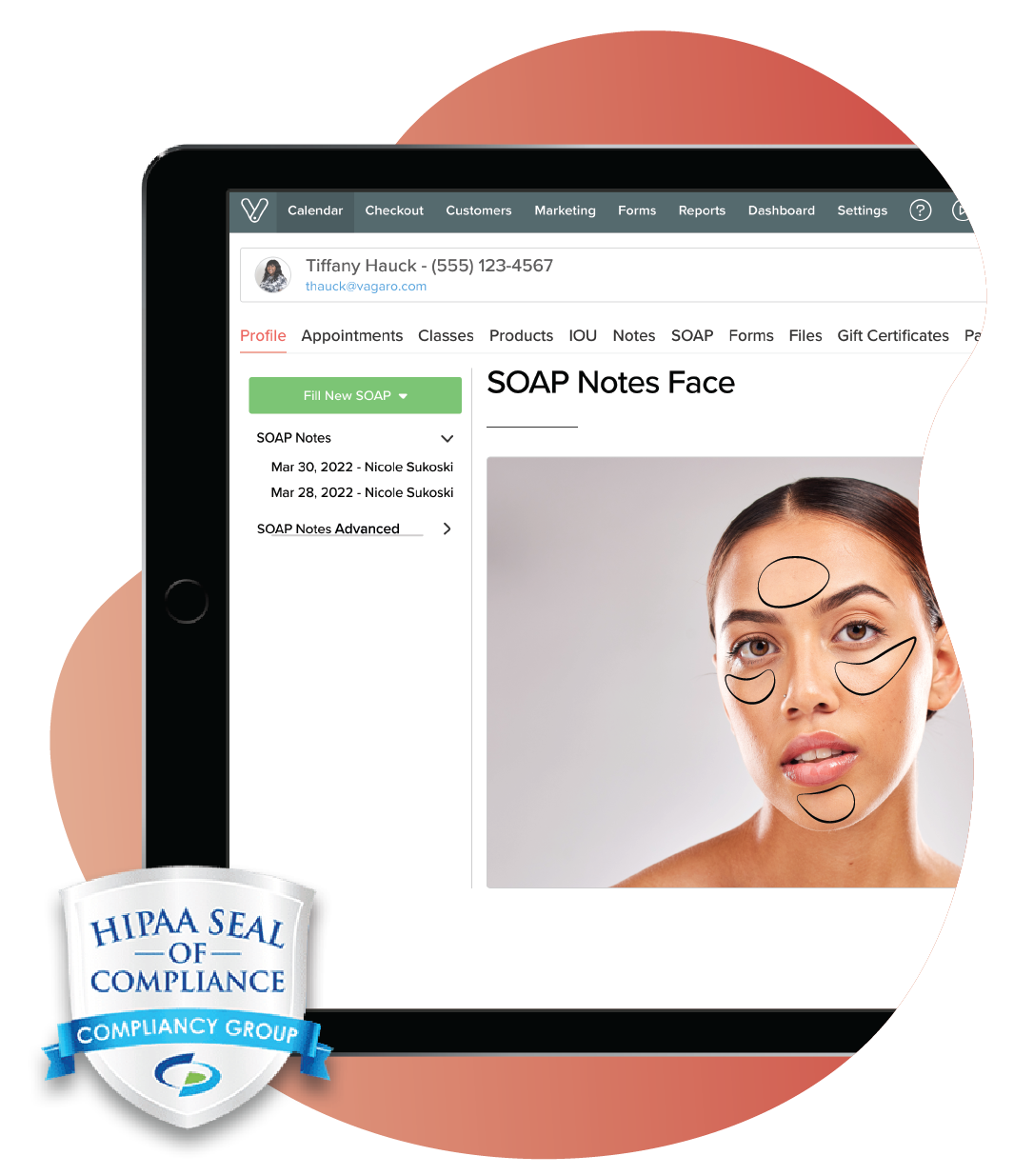 An image of a tablet showing the SOAP notes feature within Vagaro's spa software.