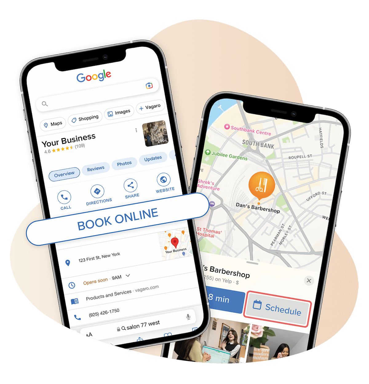 Phones with Google Maps and Apple Maps showing online scheduling compatibility with Vagaro.