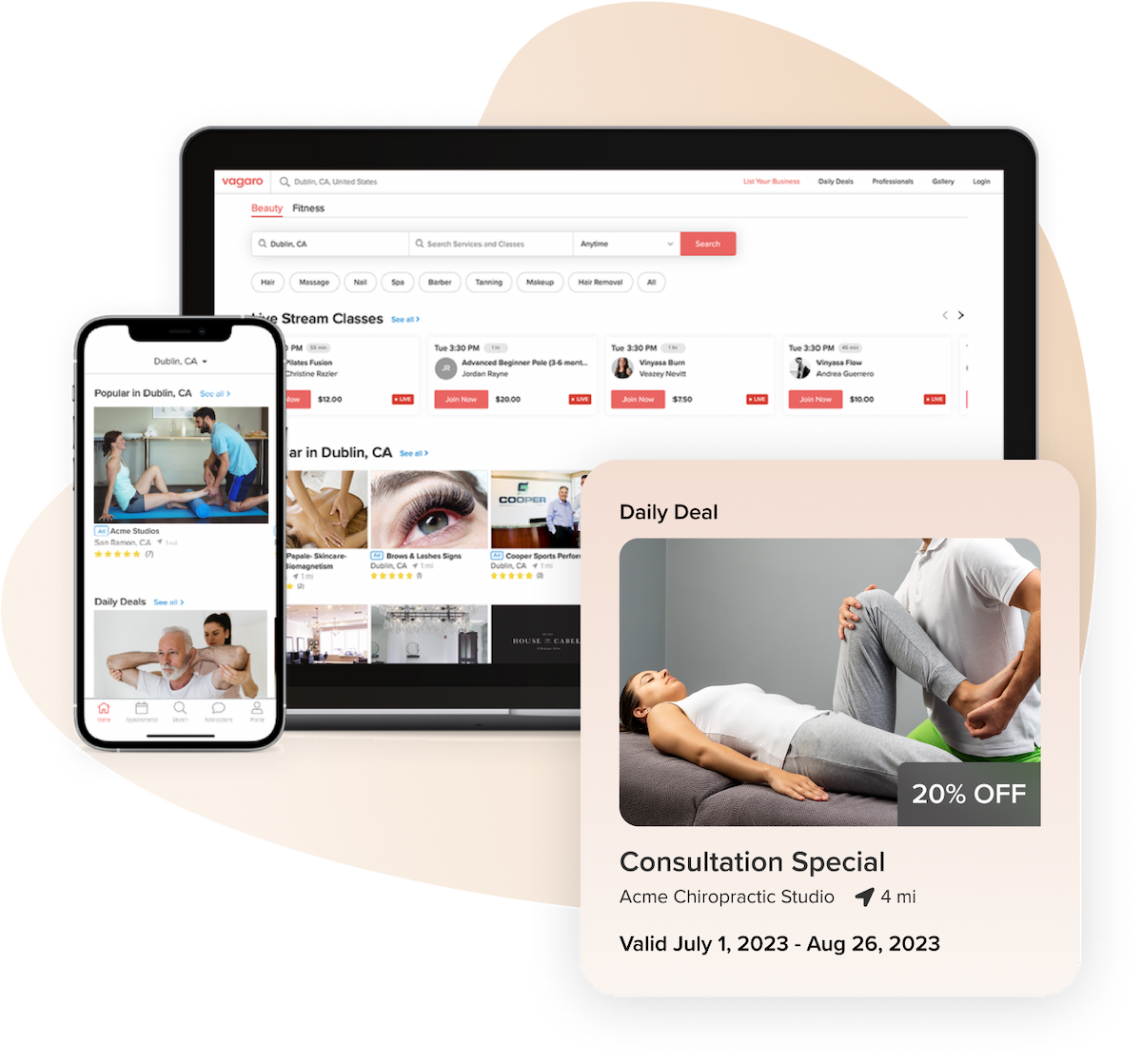 A tablet and phone that shows Vagaro’s online bookings in our chiropractor  software and marketplace