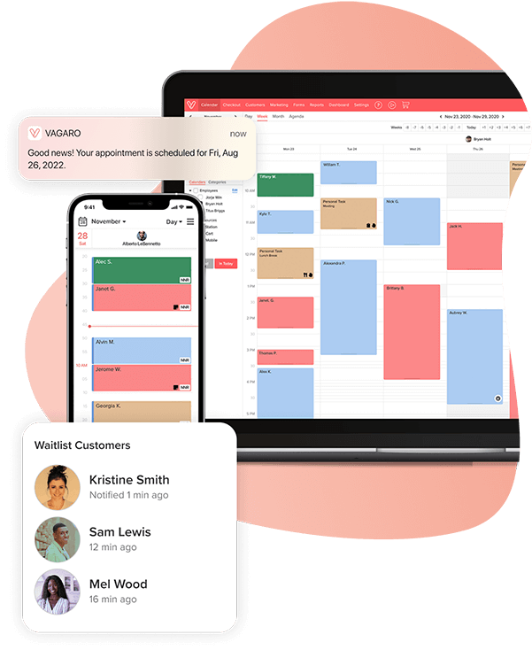 A phone and tablet showing Vagaro’s calendar filled with bookings in our hair removal software and app.