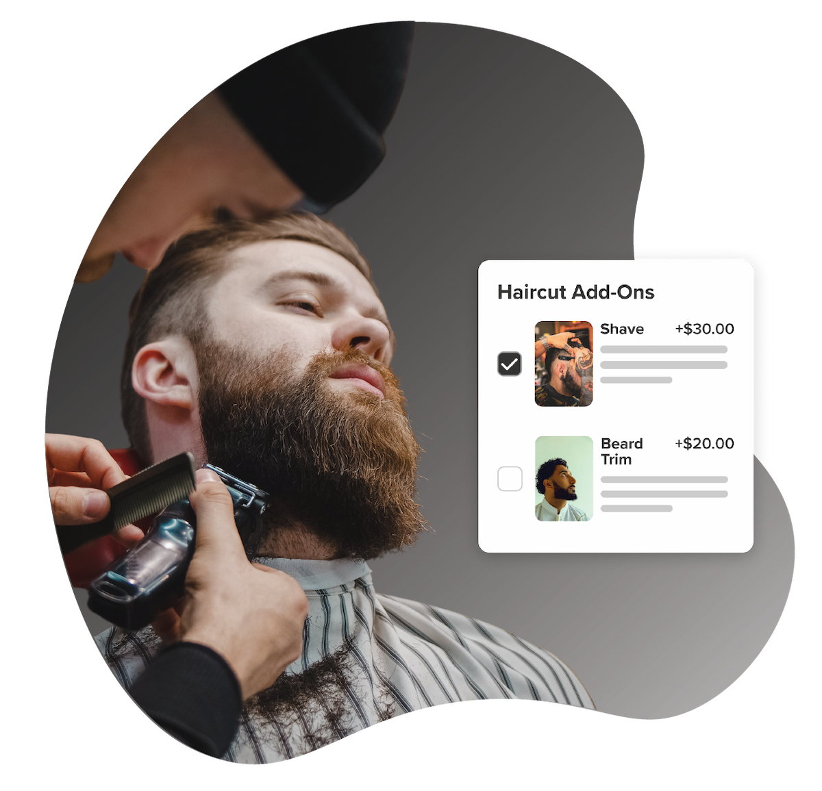 Barber trimming man's beard and barber app haircut add-ons pop-out