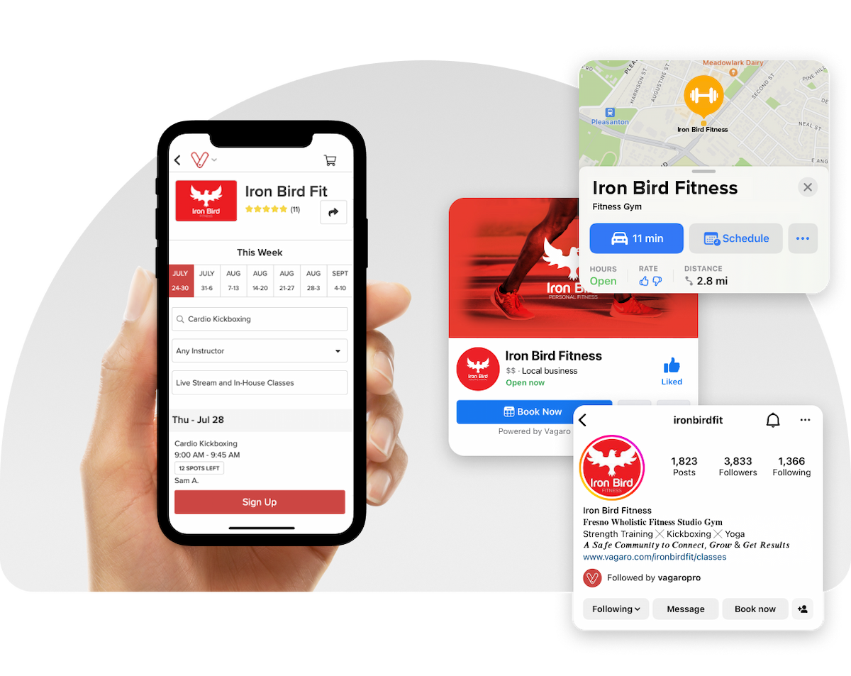 A phone showing Vagaro’s online booking and customer popups in our fitness software and marketplace