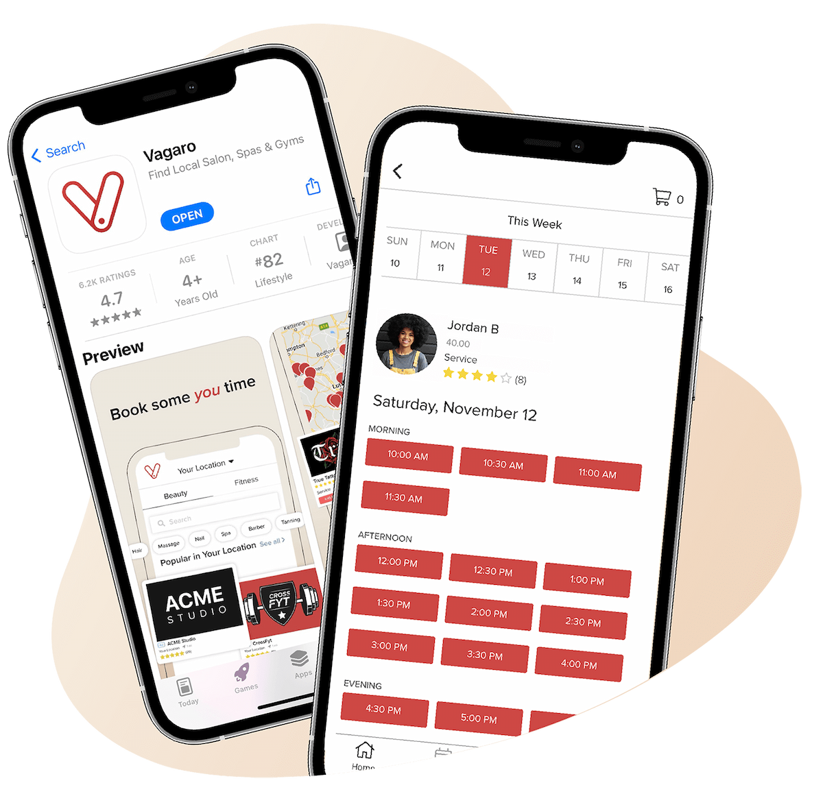 Vagaro app and a list of times for customer to schedule an appointment online.