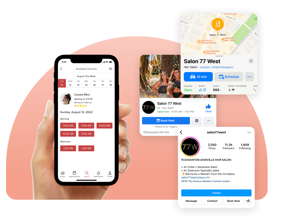 images showcasing UK salon booking ability through the vagaro app, google maps, apple maps, and instagram