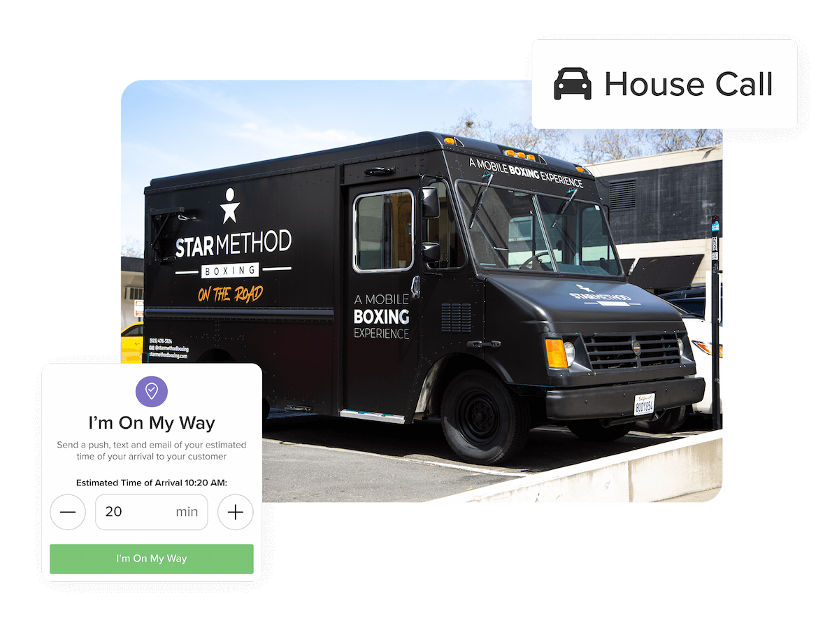 Mobile boxing business van pictured and user online booking system option in the foreground to send an ETA push notification.