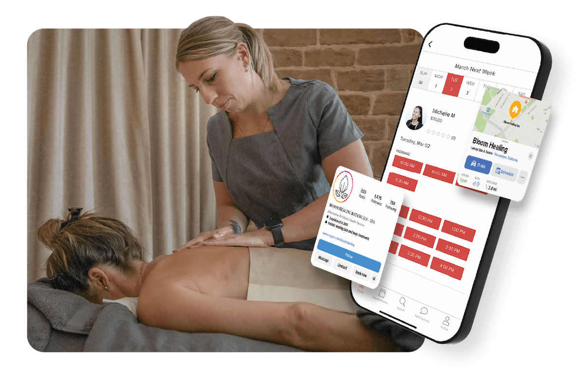 A phone and tablet showing Vagaro’s online booking in our massage software and marketplace