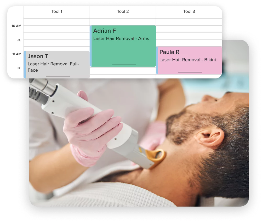 An image of a customer having a laser hair removal service in a spa with a popup from Vagaro’s online booking software.