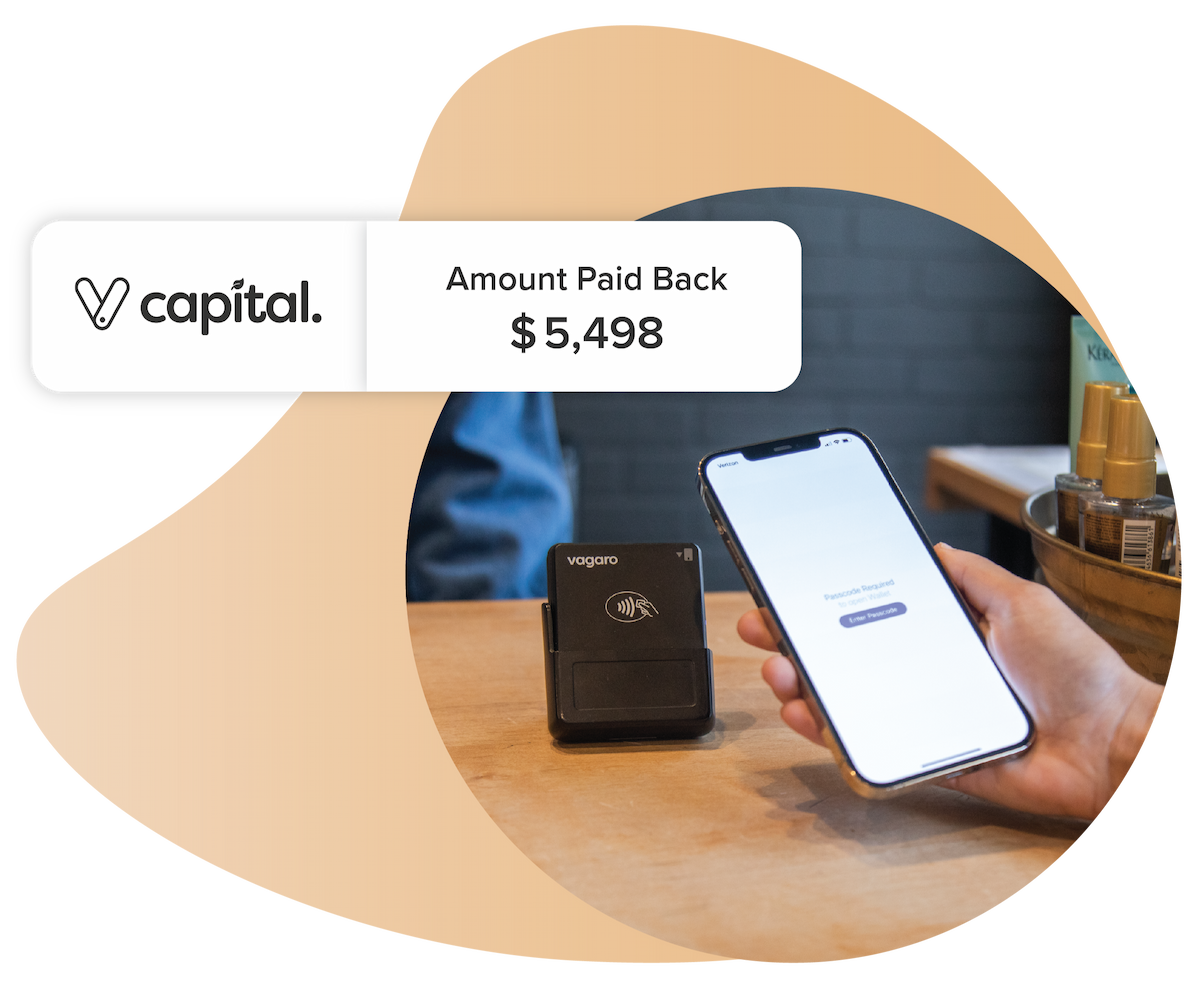 An image of a customer paying off flexible funding from Vagaro Capital with a customer popup with with amount paid back.