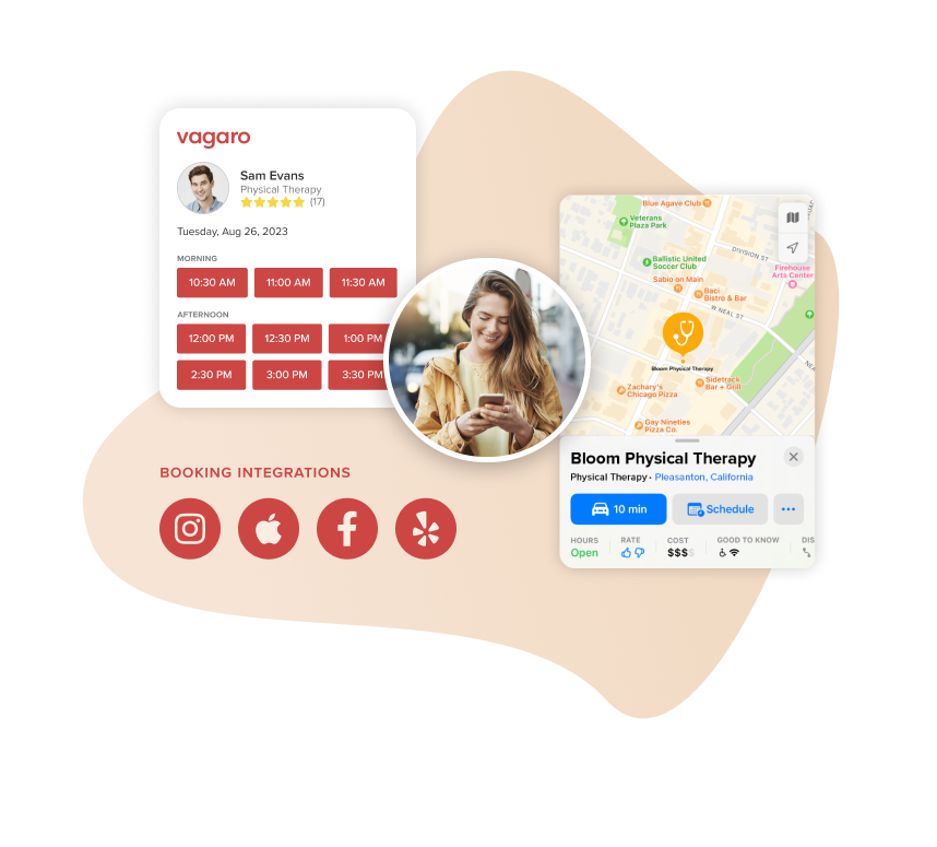 A phone and tablet showing Vagaro’s online booking in our therapy software and marketplace