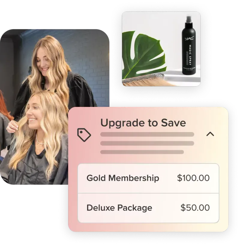  An image of a customer having a hairstyling service in a salon with a popup from Vagaro’s online booking software.  