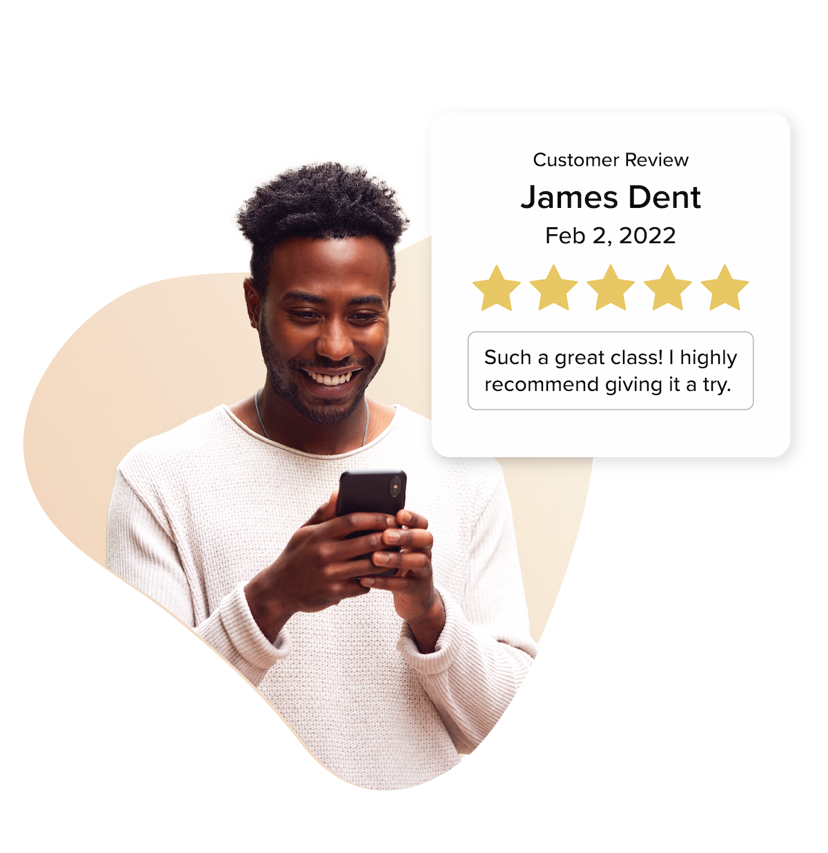 An image of a business owner receiving a 5 star review from a customer on Vagaro's salon, spa and fitness booking platform.