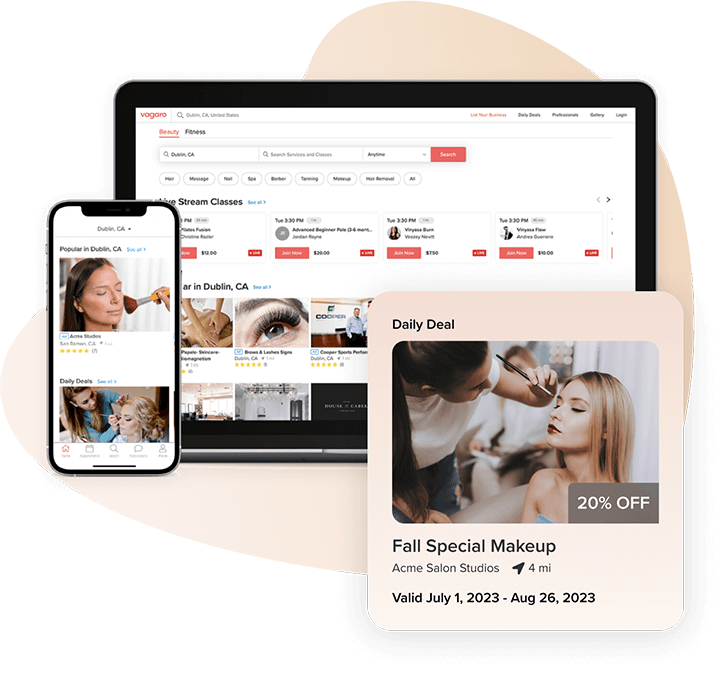 A tablet and phone that shows Vagaro’s online bookings in our brow and lash software and marketplace.