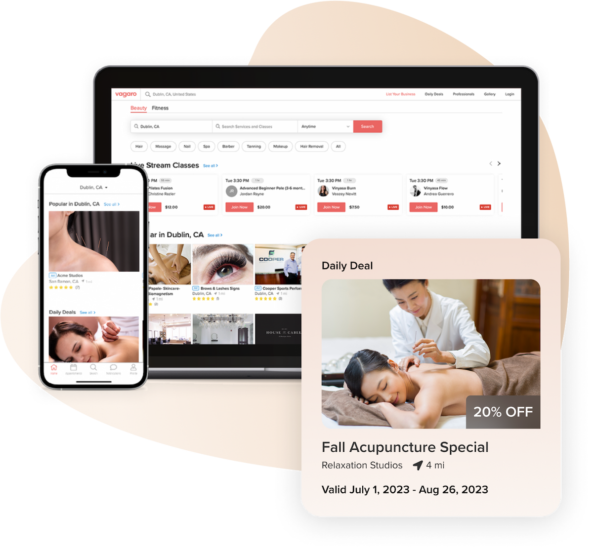 A tablet and phone that shows Vagaro’s online bookings in our acupuncture software and marketplace.