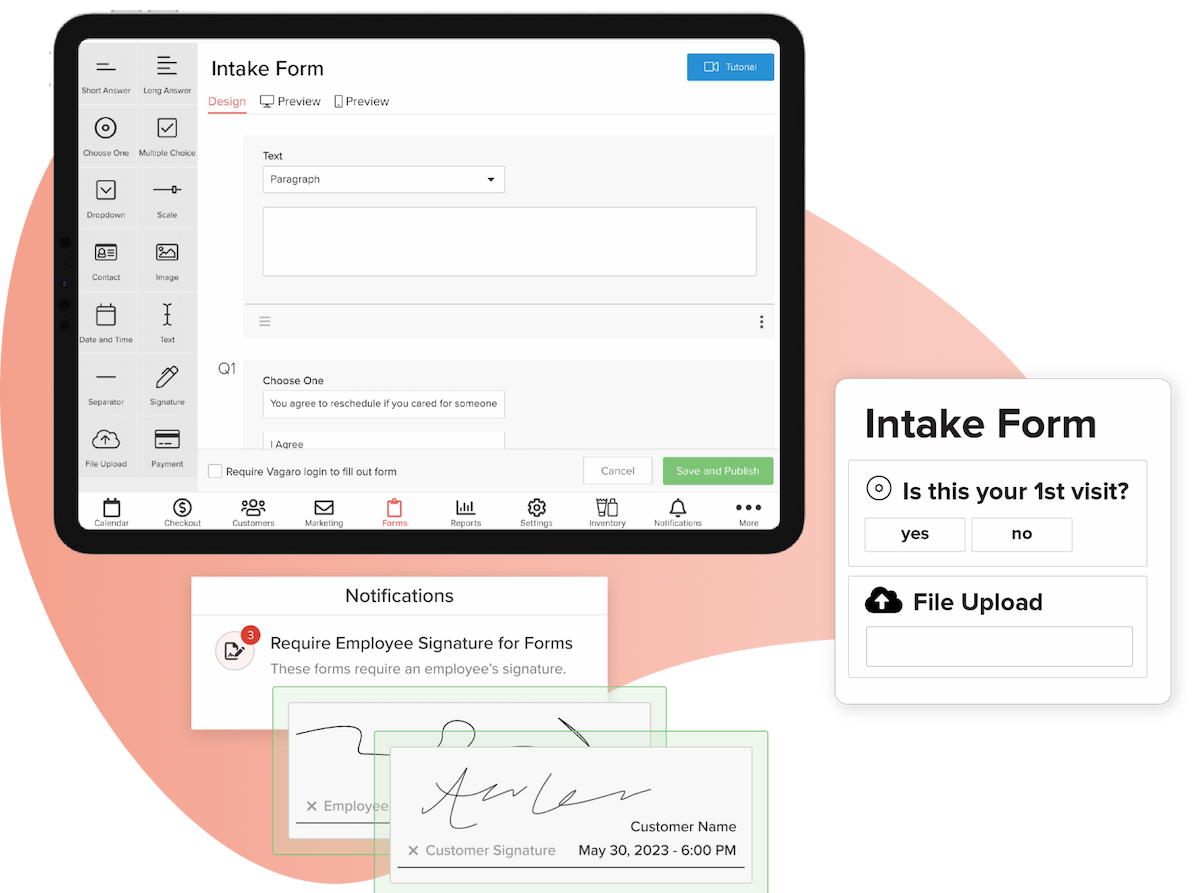A tablet showing the intake form in Vagaro’s mental health software