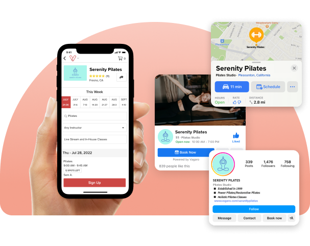 A phone and laptop showing Vagaro’s online booking in our Pilates software and marketplace