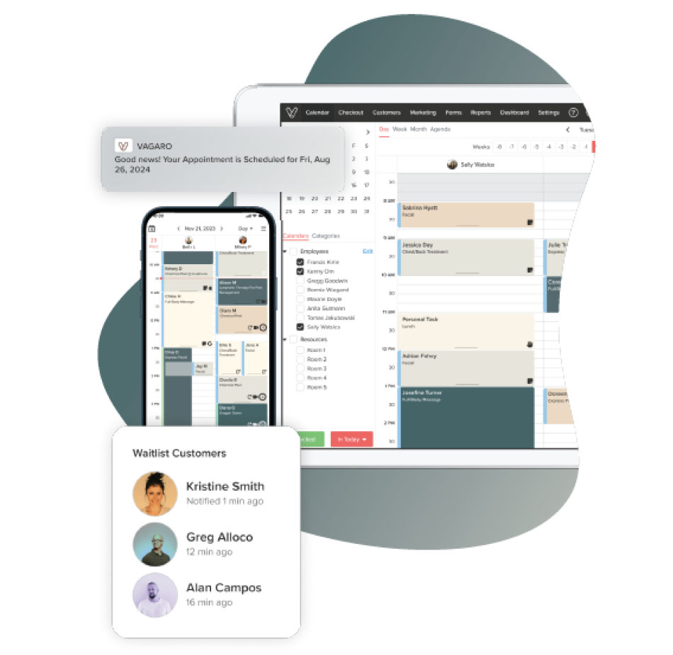 A phone and tablet showing Vagaro’s calendar filled with bookings in our massage software and app