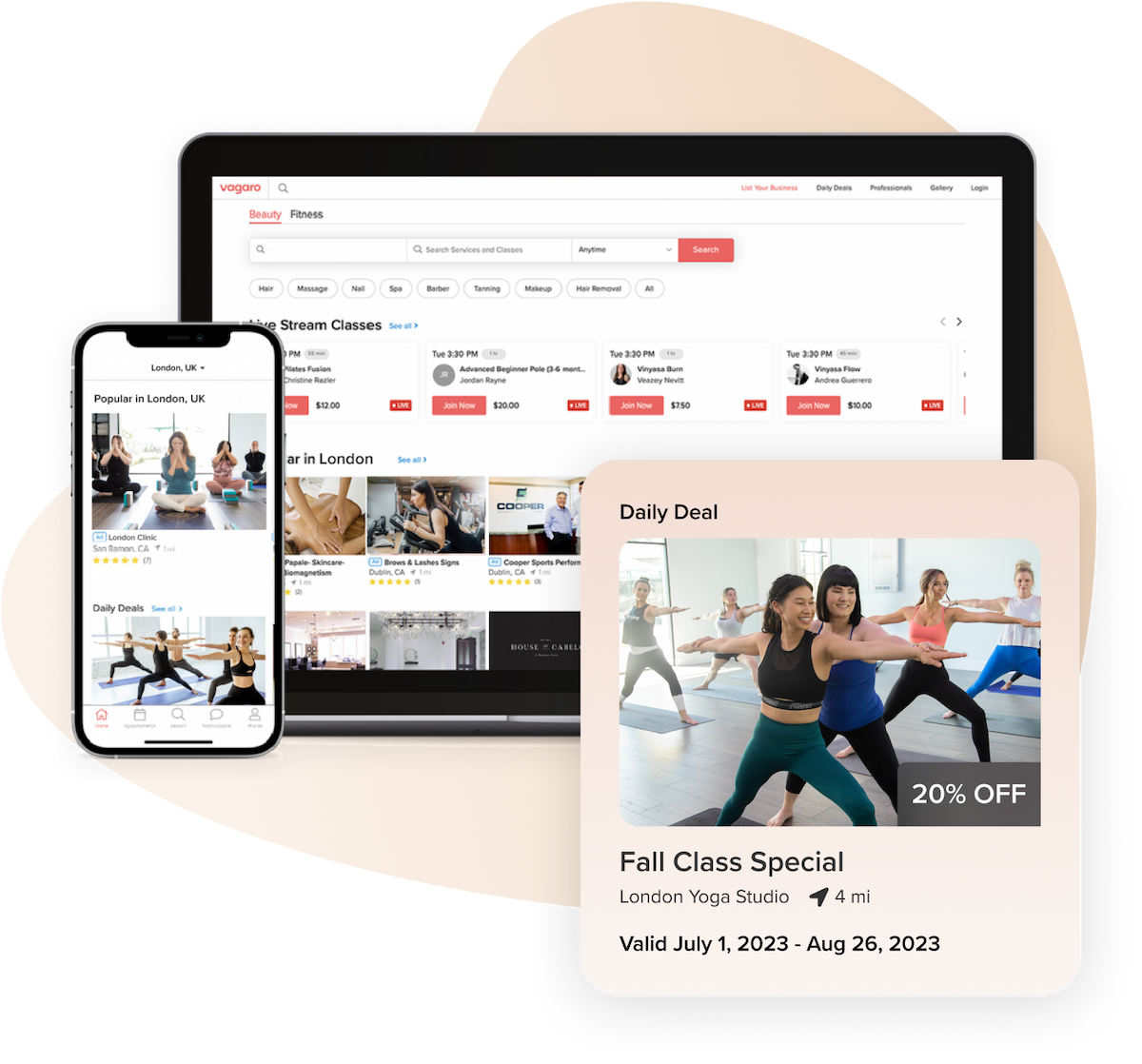 tablet and phone with yoga software business listings and a popout image of a yoga daily deal